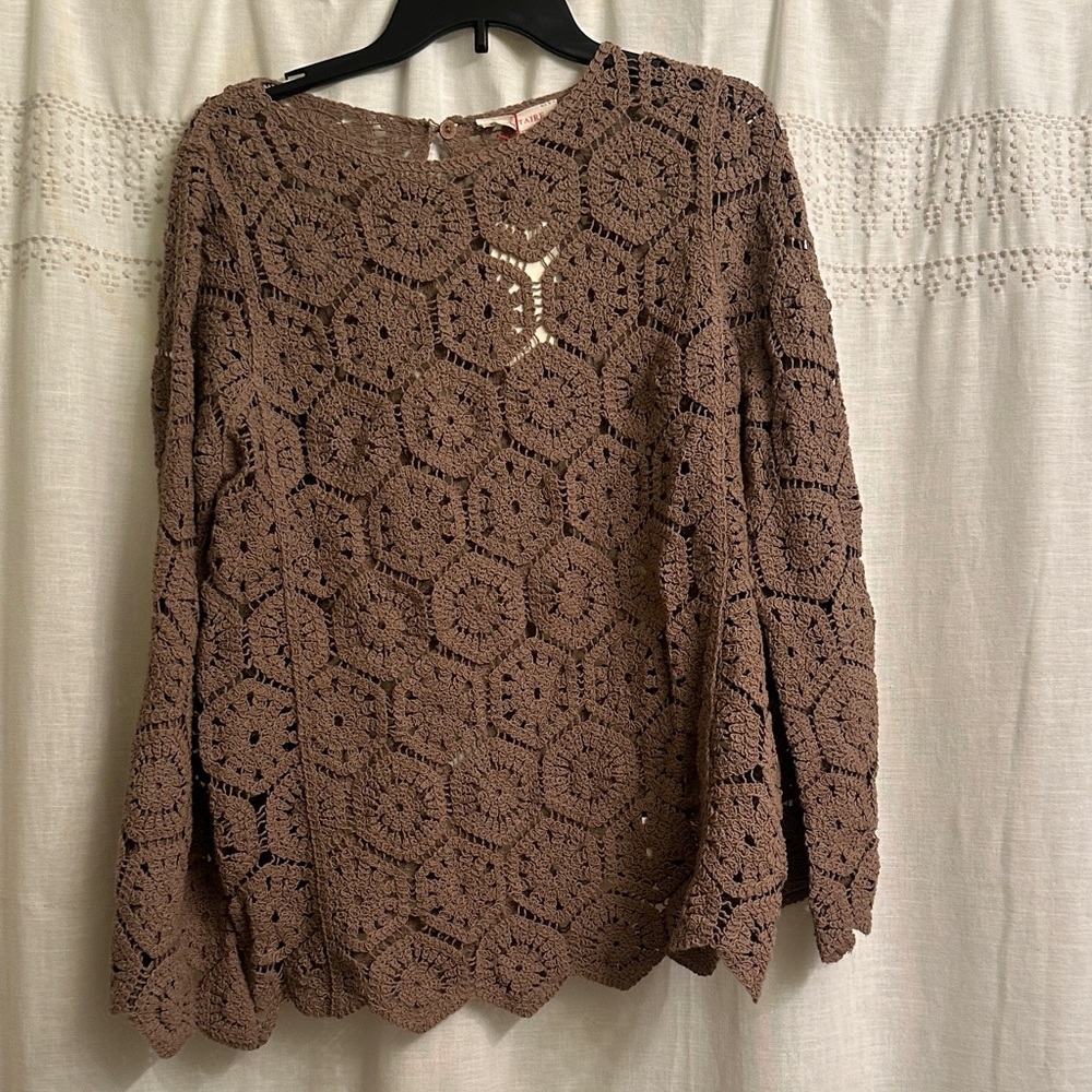 Solitaire Crochet Openwork Pullover Sweater - Brown